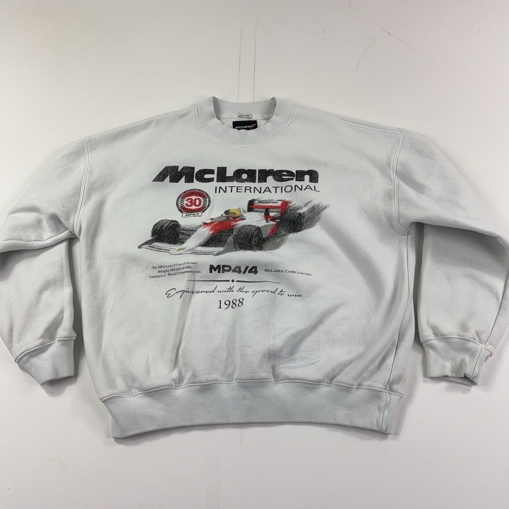 McLaren Sweatshirt Mens Small White Crewneck Fleece MP4/4 1988 Racing Graphic